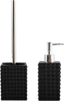 MSV Toiletborstel in houder/Zeeppompje set Kubik - Kunststeen - zwart/zilver