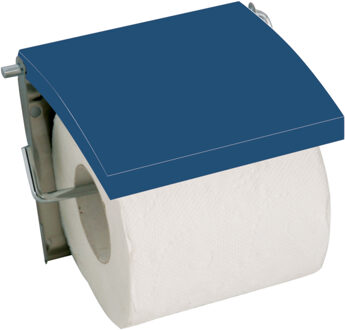 MSV Toiletrolhouder wand/muur - metaal en MDF hout klepje - donkerblauw - Toiletrolhouders