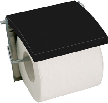 MSV Toiletrolhouder wand/muur - metaal en MDF hout klepje - zwart - Toiletrolhouders