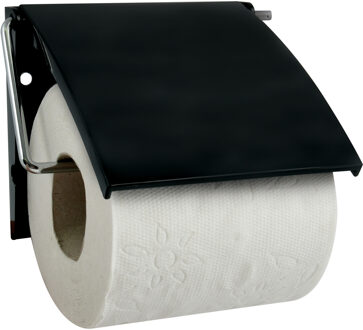 MSV Toiletrolhouder wand/muur - metaal met kunststof afdekklepje - zwart
