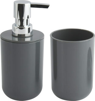 MSV Zeeppompje en drink/tandenborstel beker - badkamer set Porto - kunststof - donkergrijs