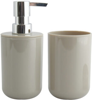 MSV Zeeppompje en drink/tandenborstel beker - badkamer set Porto - kunststof - taupe