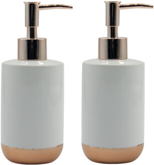 MSV Zeeppompje/zeepdispenser Amman - 2x - keramiek - wit/koper - 7 x 17 cm - 260 ml