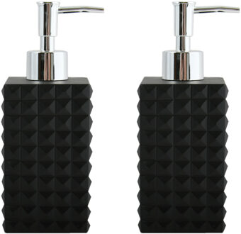 MSV Zeeppompje/zeepdispenser Kubik - 2x - kunststeen - zwart - 7 x 17 cm - 270 ml