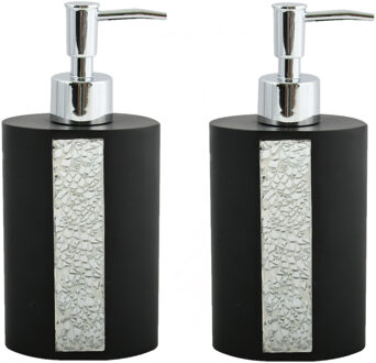 MSV Zeeppompje/zeepdispenser Luanda - 2x - kunststeen - zwart/zilver glitters - 8 x 18 cm - 250 ml
