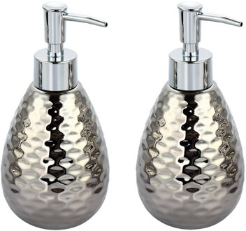 MSV Zeeppompje/zeepdispenser Phoenix - 2x - keramiek - zilver kleur - 8 x 17 cm - 260 ml