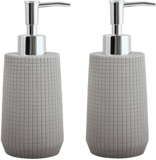 MSV Zeeppompje/zeepdispenser Squares - 2x - kunststeen - lichtgrijs - 7 x 18 cm - 275 ml
