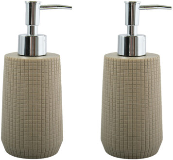 MSV Zeeppompje/zeepdispenser Squares - 2x - kunststeen - taupe - 7 x 18 cm - 275 ml
