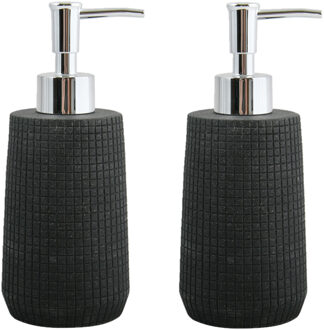 MSV Zeeppompje/zeepdispenser Squares - 2x - kunststeen - zwart - 7 x 18 cm - 275 ml