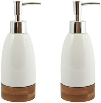 MSV Zeeppompje/zeepdispenser Tallinn - 2x - keramiek/bamboe - wit/hout - 7 x 19 cm - 270 ml