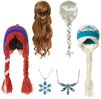 MUABABY Baby Girl New Elsa Anna Party Accessories Snowflake Crochet Hat Elza Wig Braid Princess Headband Necklace Birthday Gift