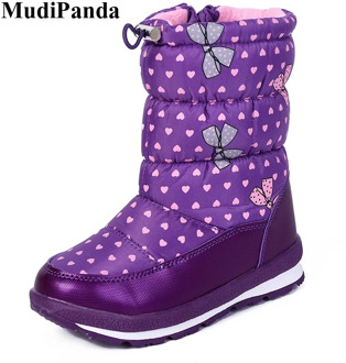 MudiPanda Girls Winter Snow Boots Heart Shape Kids Mid-Calf Plus Velvet Warm Rubber Boot For Big Children Non-Slip Waterproof