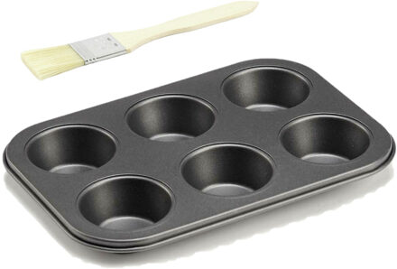 Muffins/cupcakes bakvorm/bakblik 26 x 18 cm - voor 6x stuks incl. beuken houten invetborstel