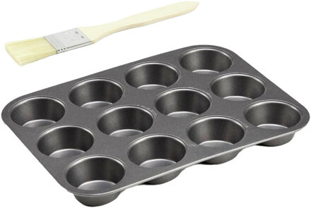 Muffins/cupcakes bakvorm/bakblik 26 x 20 cm - voor 12x stuks incl. beuken houten invetborstel