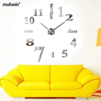 Muhsein Kleine Size Romeinse Cijfers Wandklok 3D Effect 27Inch Acryl Muurstickers Klok Mute Beweging Voor Home Decor horloge zilver-015