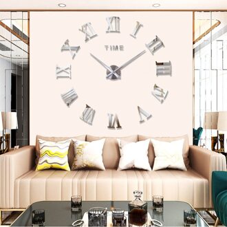 Muhsein Kleine Size Romeinse Cijfers Wandklok 3D Effect 27Inch Acryl Muurstickers Klok Mute Beweging Voor Home Decor horloge zilver-016