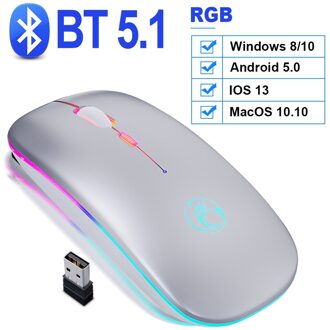 Muis Draadloze Muis Computer Muis Bluetooth 5.1 Usb 2.4 Oplaadbare Mause Stille Mause Voor Laptop Rgb Ergonomische Muizen Draadloze BT5.1 RGB zilver