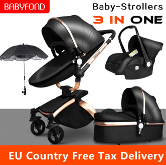Multi-functional Luxury Baby stroller 4 in 1 High landscape stroller gold frame PU Pram two-way Car Seat Bassinet newborn