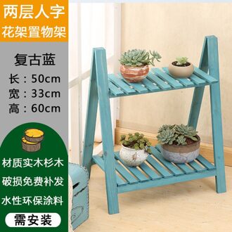 Multi Lagen Massief Houten Plant Stand Mediterrane Vintage Plant Plank Bureau Bloem Rack Stand Tuin Stand Opbergrek 2-laag blauw A
