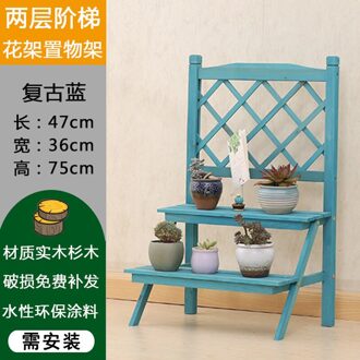 Multi Lagen Massief Houten Plant Stand Mediterrane Vintage Plant Plank Bureau Bloem Rack Stand Tuin Stand Opbergrek 2-laag blauw B