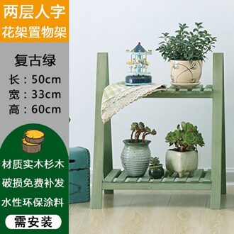 Multi Lagen Massief Houten Plant Stand Mediterrane Vintage Plant Plank Bureau Bloem Rack Stand Tuin Stand Opbergrek 2-laag groen A
