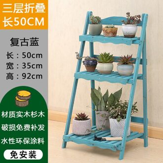 Multi Lagen Massief Houten Plant Stand Mediterrane Vintage Plant Plank Bureau Bloem Rack Stand Tuin Stand Opbergrek 3-laag blauw
