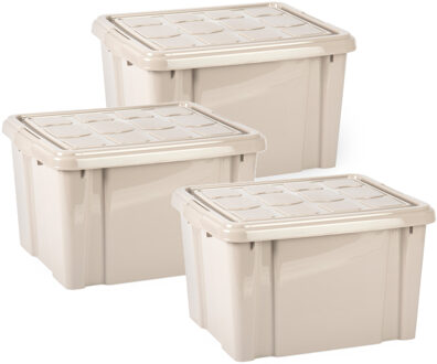 Multi Storage Opslagbox met deksel - 3x - beige - 25 liter - L41 x B34 x H24 cm - kunststof