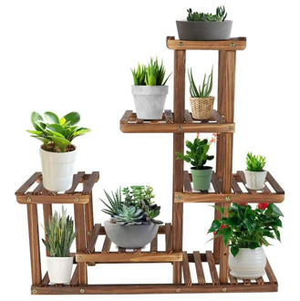 Multi-tiers Garden Plant Shelf Wooden Plant Stand Balcony Garden Flower Plant Stand Display Shelf