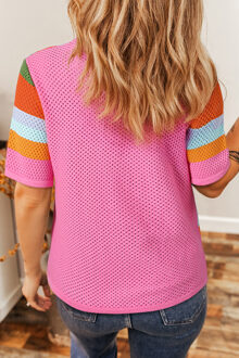 Multicolor Gestreept Gebreid T-shirt met Korte Mouwen Roze