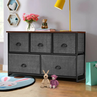 Multifunction Wood Dresser Organizer Unit Side Table Display Steel Frame 5 Folding Removable Fabric Drawers Storage Cabinet