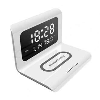 Multifunctionele Digitale Spiegel Wekker Thermometer Met Draadloze Super Lader wit
