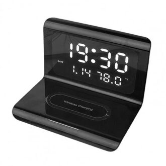 Multifunctionele Digitale Spiegel Wekker Thermometer Met Draadloze Super Lader zwart
