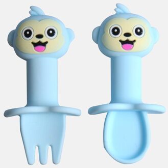 Multifunctionele Food Grade Siliconen Kinderen Voeden Lepel Servies Set Cartoon Baby Eten Voedingssupplement Lepel Vork blauw
