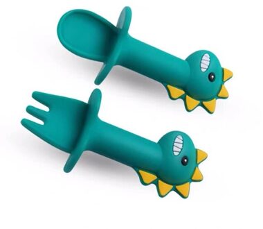 Multifunctionele Food Grade Siliconen Kinderen Voeden Lepel Servies Set Cartoon Baby Eten Voedingssupplement Lepel Vork donker groen