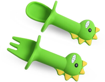 Multifunctionele Food Grade Siliconen Kinderen Voeden Lepel Servies Set Cartoon Baby Eten Voedingssupplement Lepel Vork groen 1