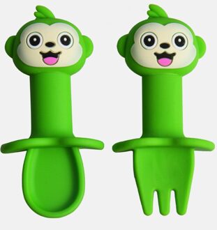 Multifunctionele Food Grade Siliconen Kinderen Voeden Lepel Servies Set Cartoon Baby Eten Voedingssupplement Lepel Vork groen 2