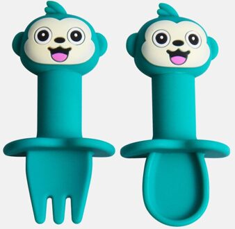 Multifunctionele Food Grade Siliconen Kinderen Voeden Lepel Servies Set Cartoon Baby Eten Voedingssupplement Lepel Vork licht groen