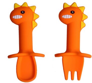 Multifunctionele Food Grade Siliconen Kinderen Voeden Lepel Servies Set Cartoon Baby Eten Voedingssupplement Lepel Vork orange1