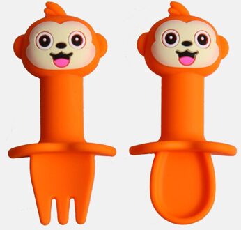 Multifunctionele Food Grade Siliconen Kinderen Voeden Lepel Servies Set Cartoon Baby Eten Voedingssupplement Lepel Vork orange2