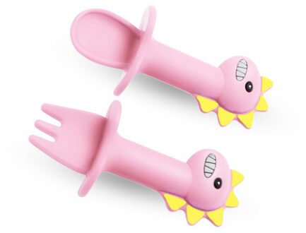 Multifunctionele Food Grade Siliconen Kinderen Voeden Lepel Servies Set Cartoon Baby Eten Voedingssupplement Lepel Vork pink1