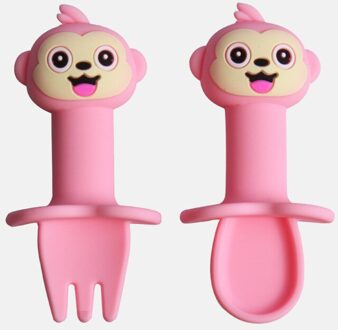 Multifunctionele Food Grade Siliconen Kinderen Voeden Lepel Servies Set Cartoon Baby Eten Voedingssupplement Lepel Vork pink2
