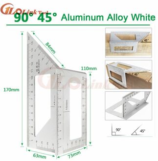 Multifunctionele Hoek Heerser 45 90 Graden Aluminium Nauwkeurige Houtbewerking Vierkante Hoek Heerser Markering Gauge Timmerman Gereedschap zilver-Aluminum