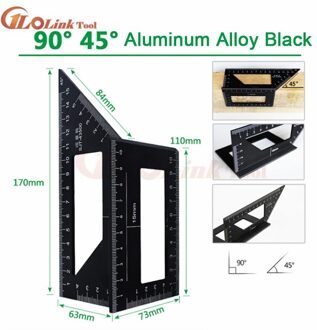 Multifunctionele Hoek Heerser 45 90 Graden Aluminium Nauwkeurige Houtbewerking Vierkante Hoek Heerser Markering Gauge Timmerman Gereedschap zwart-Aluminum