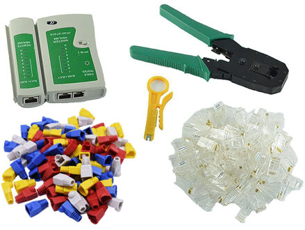 Multifunctionele RJ11 RJ45 Cat5 Cat6 Krimpen Tang Netwerk Crimper Gereedschap Kit Met 100 8P8C Connector Kabel Tester 100 Plug Cover