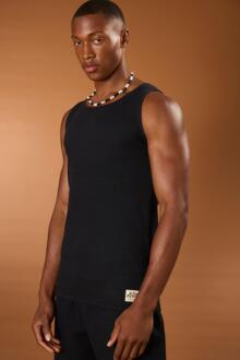 Muscle Fit Textured Tank With Woven Tab, Black - XL