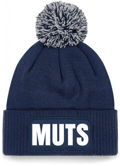 Muts/beanie pompon met grappige tekst - one size - unisex - navy One size