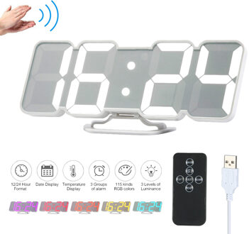 Muur Desktop Klok 3D Draadloze Afstandsbediening Digitale Rgb Led Wekker Usb Powered 115 Kleur 3-Niveau Helderheid Geluid controle wit