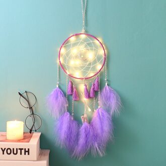 Muur Dreamcatcher Handgemaakte Veer Dream Catcher Gevlochten Windgong Thuis Car Office cafe Decoratie Opknoping Ornament paars met lights