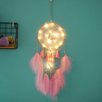 Muur Dreamcatcher Handgemaakte Veer Dream Catcher Gevlochten Windgong Thuis Car Office cafe Decoratie Opknoping Ornament roze met lights