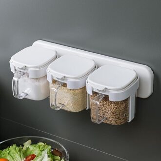Muur Gemonteerde Kruiden Doos Keuken Benodigdheden Met Deksel Materiaal Doos Zout Shaker Combinatie Huishouden Opbergdoos Met Lepel wit